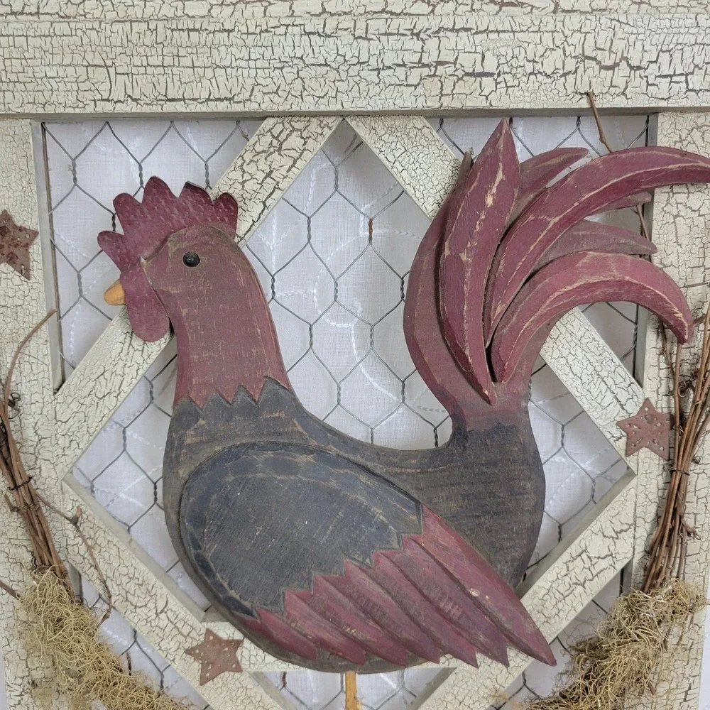 Vintage Country Carved Wood Chicken Rooster Wire Framed Picture Hanging Decor